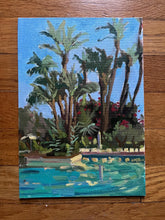 Load image into Gallery viewer, Marrakech painting of the Mamounia Hotel Pool Morocco Oil Painting on canvas trees summer Moroccan art
