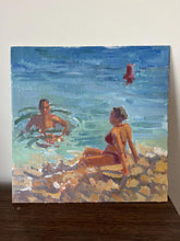 Load image into Gallery viewer, French Riviera landscape painting oil painting on panel plein air South of France beach painting summer bathers in the sun art
