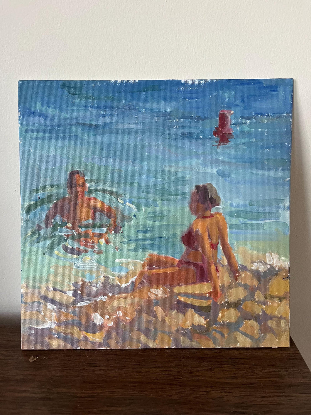 French Riviera landscape painting oil painting on panel plein air South of France beach painting summer bathers in the sun art