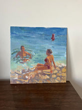 Load image into Gallery viewer, French Riviera landscape painting oil painting on panel plein air South of France beach painting summer bathers in the sun art
