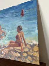 Load image into Gallery viewer, French Riviera landscape painting oil painting on panel plein air South of France beach painting summer bathers in the sun art
