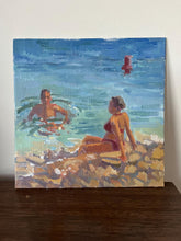 Load image into Gallery viewer, French Riviera landscape painting oil painting on panel plein air South of France beach painting summer bathers in the sun art
