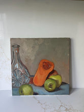 Load image into Gallery viewer, Original Still Life Oil Painting: Squash, Apples, and Glass Jug

