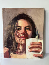 Load image into Gallery viewer, Portrait woman coffee morning oil painting on canvas female portrait drinking coffee in a mug allaprima portraiture

