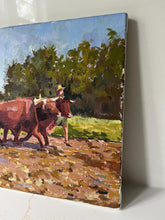 Load image into Gallery viewer, New Hampshire Farm Oxen farming oil painting on canvas New England organic farm art allaprima oils
