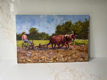 Load image into Gallery viewer, New Hampshire Farm Oxen farming oil painting on canvas New England organic farm art allaprima oils
