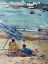 Load image into Gallery viewer, Oil painting Moroccan beach, bathers under a parasol
