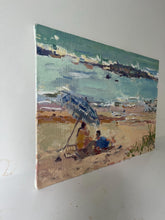 Load image into Gallery viewer, Oil painting Moroccan beach, bathers under a parasol
