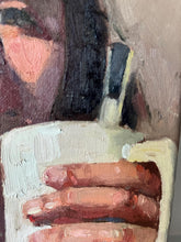 Load image into Gallery viewer, Portrait woman coffee morning oil painting on canvas female portrait drinking coffee in a mug allaprima portraiture
