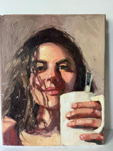 Load image into Gallery viewer, Portrait woman coffee morning oil painting on canvas female portrait drinking coffee in a mug allaprima portraiture

