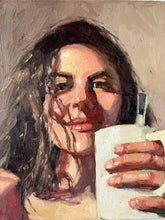 Load image into Gallery viewer, Portrait woman coffee morning oil painting on canvas female portrait drinking coffee in a mug allaprima portraiture

