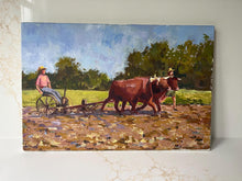 Load image into Gallery viewer, New Hampshire Farm Oxen farming oil painting on canvas New England organic farm art allaprima oils
