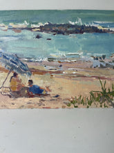 Load image into Gallery viewer, Oil painting Moroccan beach, bathers under a parasol
