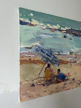 Load image into Gallery viewer, Oil painting Moroccan beach, bathers under a parasol
