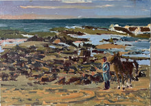 Load image into Gallery viewer, Oil painting Moroccan beach, Rabat painting on panel, cavalier walking
