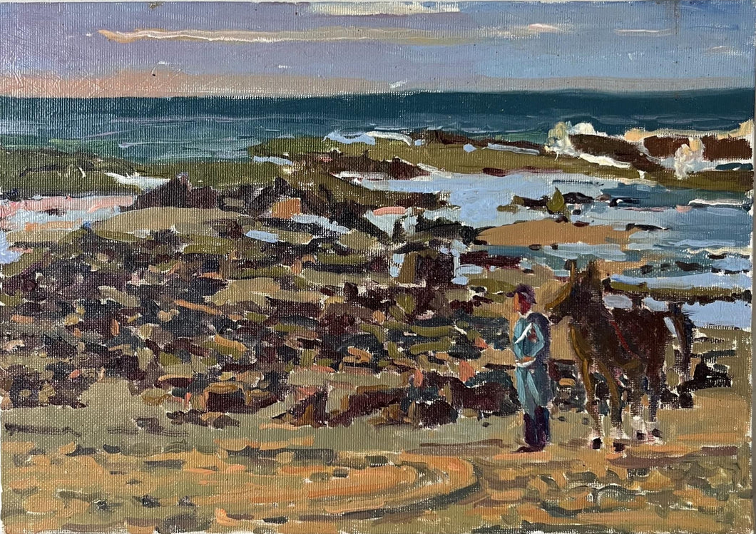 Oil painting Moroccan beach, Rabat painting on panel, cavalier walking