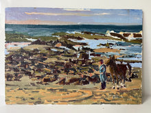 Load image into Gallery viewer, Oil painting Moroccan beach, Rabat painting on panel, cavalier walking
