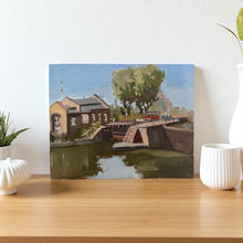 Load image into Gallery viewer, London landscape original oil painting on panel of St Pancras locks
