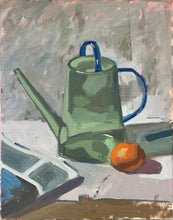 Load image into Gallery viewer, Impressionist Still Life Oil Painting: Green Watering Can, Orange, Newspaper
