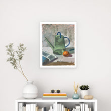 Load image into Gallery viewer, Impressionist Still Life Oil Painting: Green Watering Can, Orange, Newspaper
