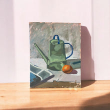 Load image into Gallery viewer, Impressionist Still Life Oil Painting: Green Watering Can, Orange, Newspaper
