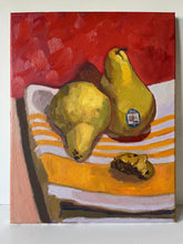 Load image into Gallery viewer, Original Still Life Oil Painting: Pears and Cookie on Yellow, 11x14
