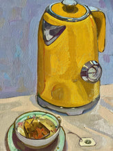 Load image into Gallery viewer, Yellow electric kettle and cup of tea and teabag oil painting on canvas allaprima still life art
