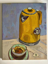 Load image into Gallery viewer, Yellow electric kettle and cup of tea and teabag oil painting on canvas allaprima still life art
