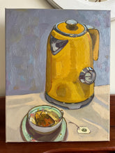 Load image into Gallery viewer, Yellow electric kettle and cup of tea and teabag oil painting on canvas allaprima still life art
