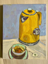 Load image into Gallery viewer, Yellow electric kettle and cup of tea and teabag oil painting on canvas allaprima still life art
