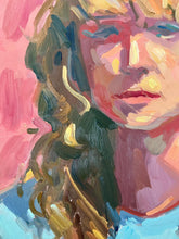 Load image into Gallery viewer, Pink oil painting portrait of a blonde curly hair woman on stretched canvas
