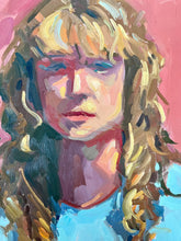 Load image into Gallery viewer, Pink oil painting portrait of a blonde curly hair woman on stretched canvas
