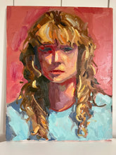Load image into Gallery viewer, Pink oil painting portrait of a blonde curly hair woman on stretched canvas
