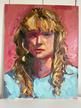 Load image into Gallery viewer, Pink oil painting portrait of a blonde curly hair woman on stretched canvas
