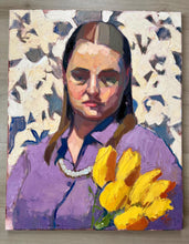 Load image into Gallery viewer, Original Oil Portrait Painting: Woman with yellow tulips
