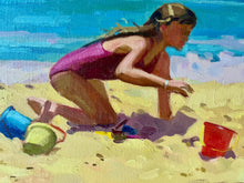 Load image into Gallery viewer, Beach Painting Kid playing : Original Oil Painting on canvas of girl in the sand
