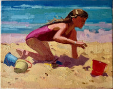 Load image into Gallery viewer, Beach Painting Kid playing : Original Oil Painting on canvas of girl in the sand
