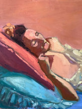 Load image into Gallery viewer, Original Painting Woman sleeping, sleep oil painting, woman asleep nightgown art, bedroom pillows sleepy, oil on canvas female sleeper art
