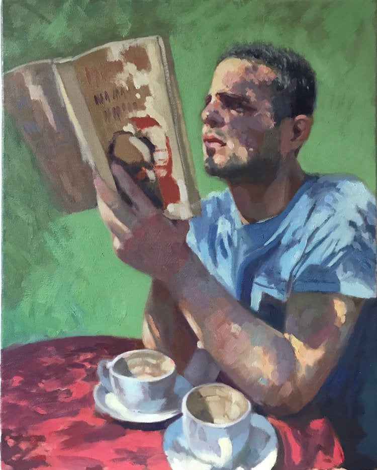 Portrait Painting on Canvas Original Portrait Young Man Reading. Oil Painting on canvas, figurative art, portraiture.