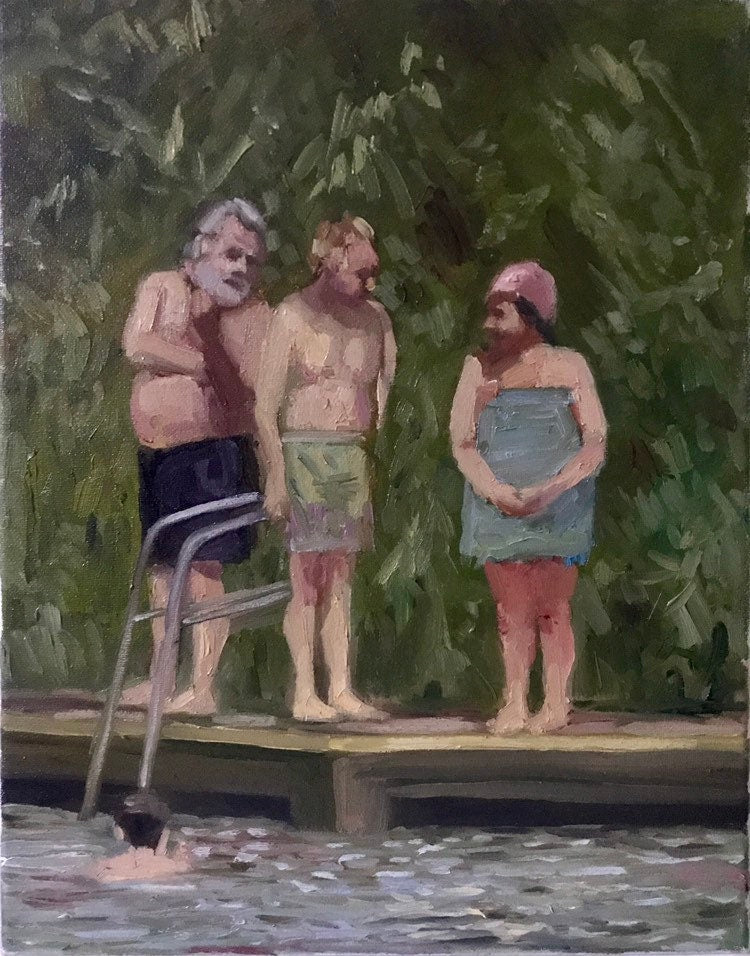 Figurative painting on canvas Bathing Ponds in Hampstead Heath London Park Oil Painting Landscape Painting Figurative Art