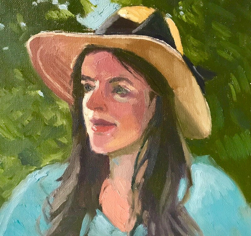 Original Portrait Painting, Oil painting on canvas, portrait of a young woman wearing a summer hat, female portrait