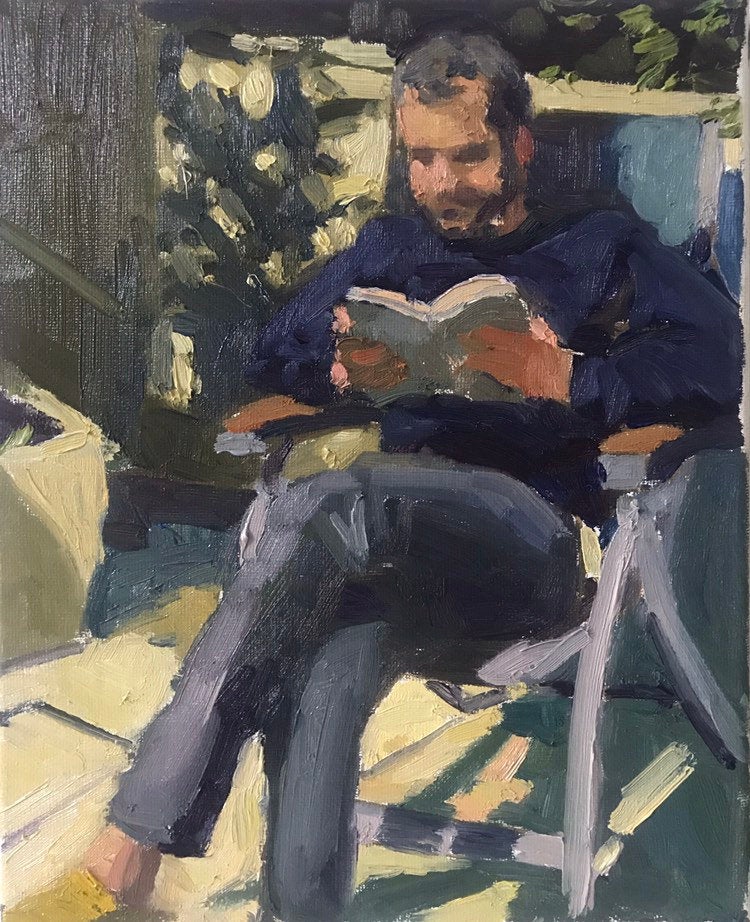 Oil painting Plein Air Portrait of a young man reading in a backyard original art painting on canvas figurative art