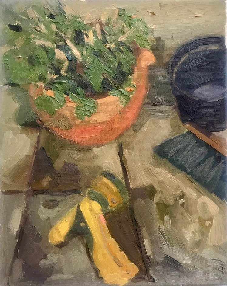 Still Life painting on canvas. Backyard tools and plants oil painting. Potted flowers, hose and gardening still life figurative art