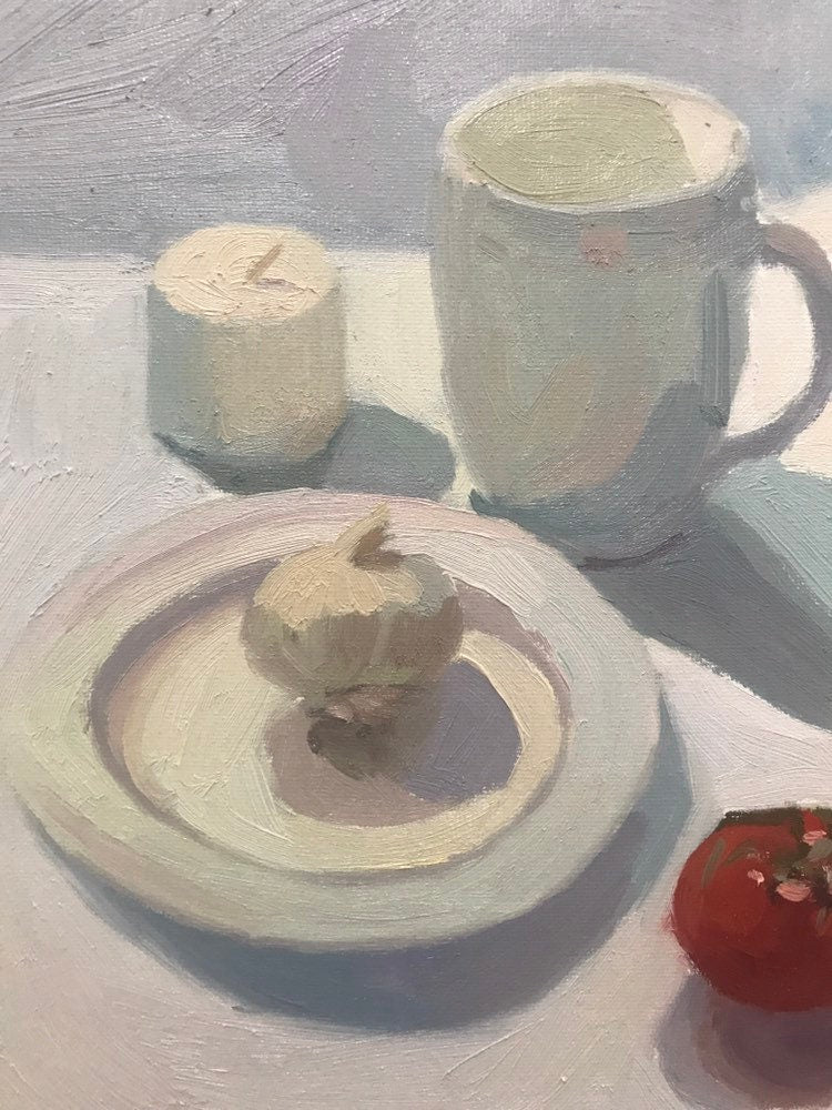 White Oil painting Still Life white mug, garlic and plate painting, oil on canvas art, white colors figurative painting
