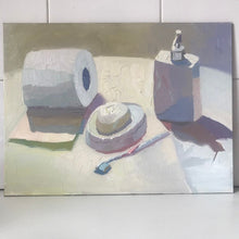 Load image into Gallery viewer, White Oil painting Still Life, white bathroom objects, white colors figurative painting toulet paper, soap, toothbrush
