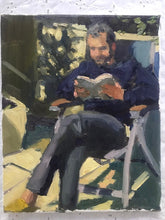 Load image into Gallery viewer, Oil painting Plein Air Portrait of a young man reading in a backyard original art painting on canvas figurative art
