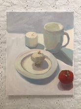 Load image into Gallery viewer, White Oil painting Still Life white mug, garlic and plate painting, oil on canvas art, white colors figurative painting
