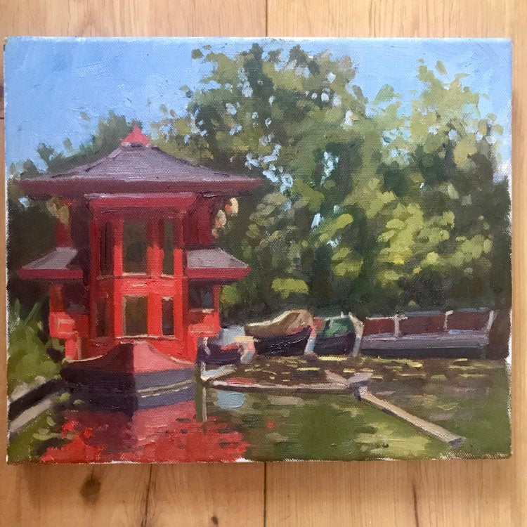 Plein Air Oil Painting Regent's canal London. Oil on canvas, original art, painted on location in London park. Feng shang princess painting