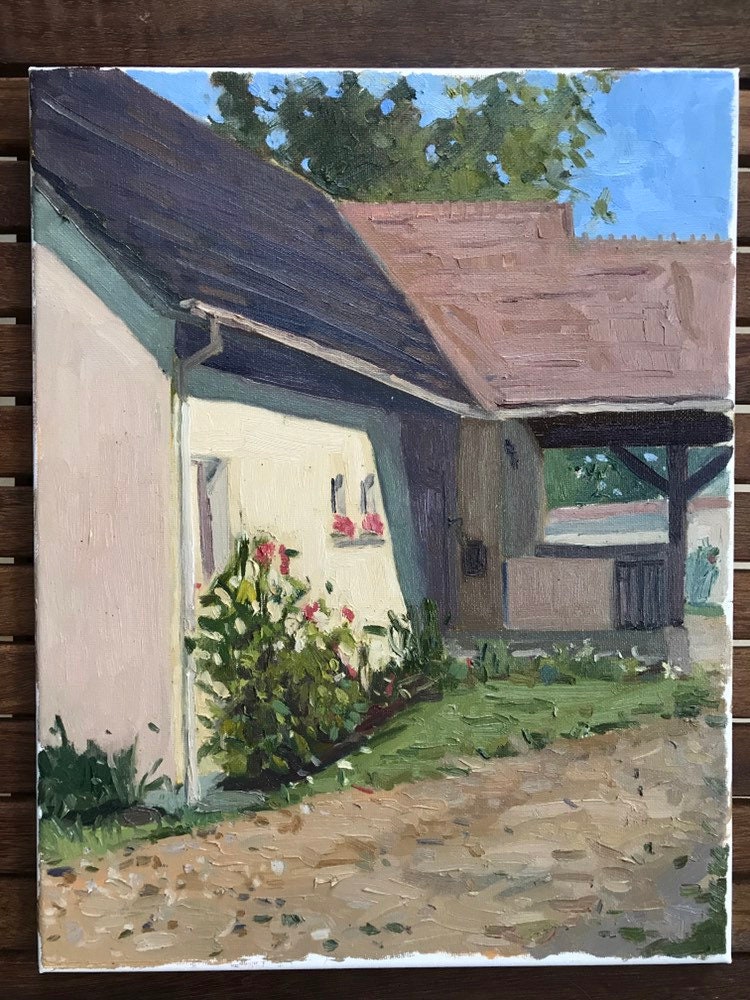 Oil painting on canvas portrait of a house original art val d'oise french landscape painting home with a garden