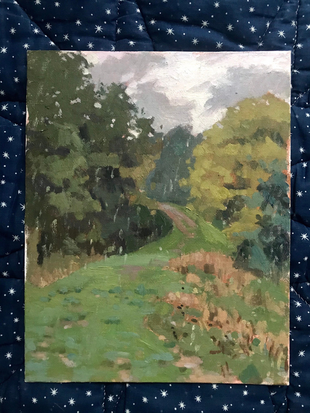 Hampstead Heath under the rain. Trees and grass Oil painting on panel. Original art London park lanscape painting. Plein air painting